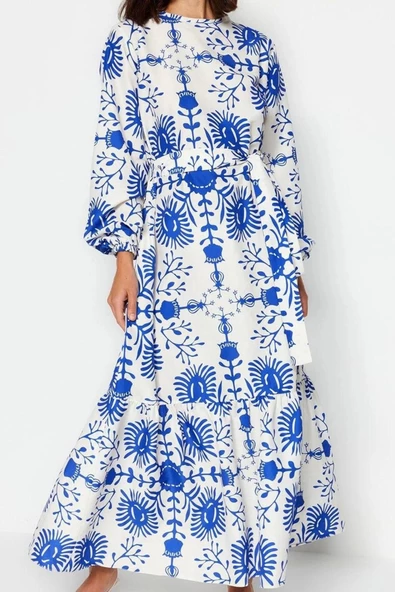 Moda Stil Regular Bisiklet Yaka Maxi Boy Tesettür Kuşaklı Çiçekli Dokuma Elbise - 1