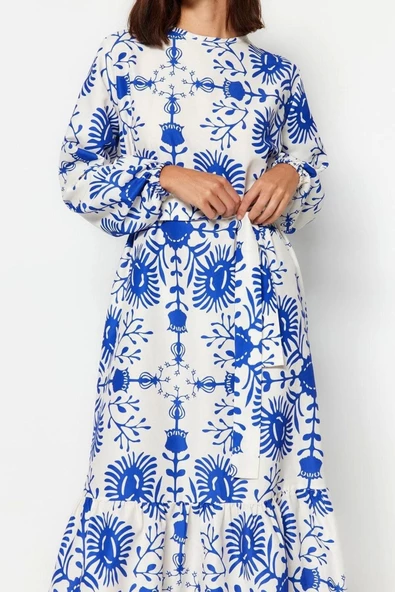 Moda Stil Regular Bisiklet Yaka Maxi Boy Tesettür Kuşaklı Çiçekli Dokuma Elbise - 2