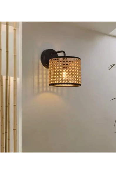 burenze Modern Rattan Hasır Hazeran Aplik Kablolu Elektrikle Çalışır Duvar Apliği - 4