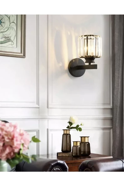 burenze Modern Luxury Pilli Aplik Kristal Taşlı Ledli Aplik Tak Çalıştır Mat Siyah Gövde - 3