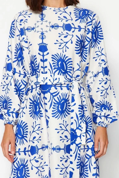 Moda Stil Regular Bisiklet Yaka Maxi Boy Tesettür Kuşaklı Çiçekli Dokuma Elbise - 6