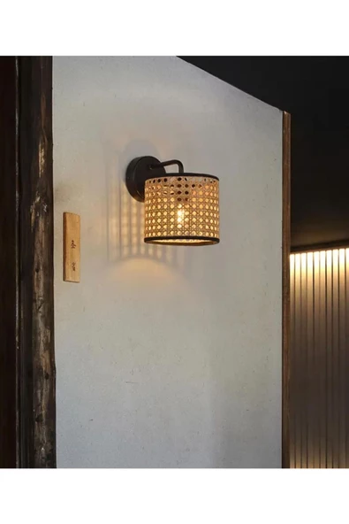 burenze Modern Rattan Hasır Hazeran Aplik Kablolu Elektrikle Çalışır Duvar Apliği - 2