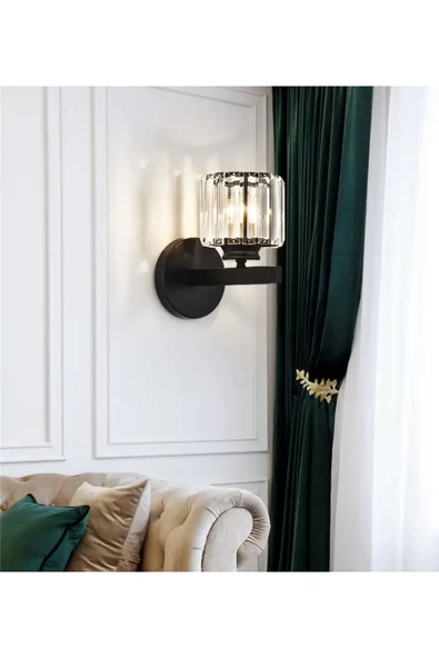 burenze Modern Luxury Pilli Aplik Kristal Taşlı Ledli Aplik Tak Çalıştır Mat Siyah Gövde - 2