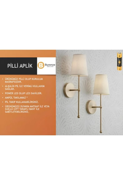 burenze Modern Pilli Aplik 1 Adet Krem Abajur Şık Görsellik Tesisat Gerektirmeden Tak Kullan Eskitme Gold - 2