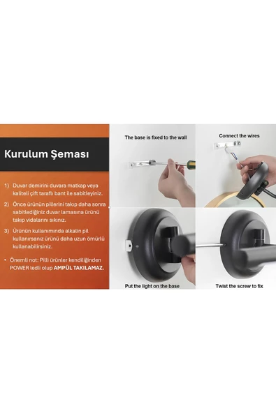 Fico Home Modern Tasarım 1 Adet Duvar Ledli Pilli Aplik Tak Çalıştır Eskitme Gold Krem Abajur Gün Işığı Pilli - 4