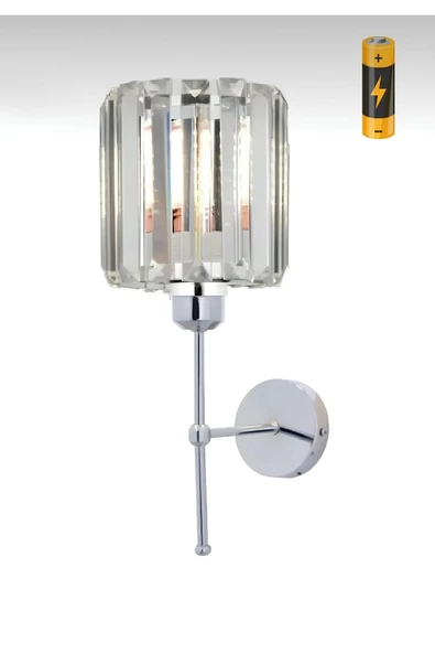 burenze Modern Kristal Taşlı 1 Adet Kablosuz Pilli Aplik Aç Kapa Butonlu Tak Çalıştır Krom Gümüş