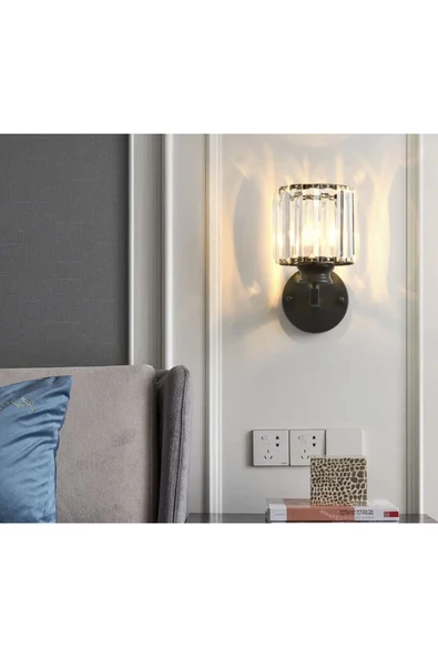 burenze Modern Luxury Pilli Aplik Kristal Taşlı Ledli Aplik Tak Çalıştır Mat Siyah Gövde - 5