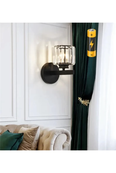 burenze Modern Luxury Pilli Aplik Kristal Taşlı Ledli Aplik Tak Çalıştır Mat Siyah Gövde