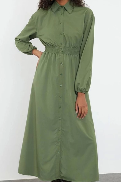 Moda Stil Regular Hakim Yaka Uzun Tesettür Beli Lastikli Dokuma Elbise