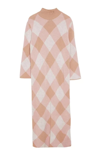 Moda Stil Relaxed Dik Yaka Maxi Boy Tesettür Renk Bloklu Baklava Desenli Triko Elbise - 3