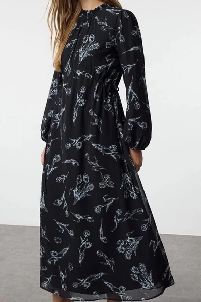 Moda Stil Regular Dik Yaka Maxi Boy Tesettür Şifon Çiçek Desenli Dokuma Elbise - 4