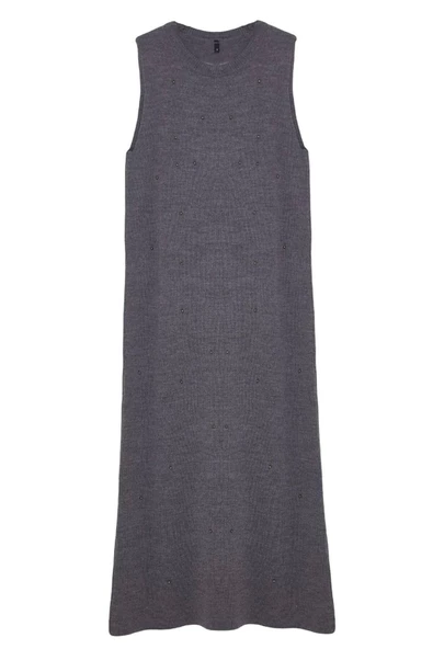 Moda Stil Regular Bisiklet Yaka Uzun Tesettür İncili Triko Elbise - 3