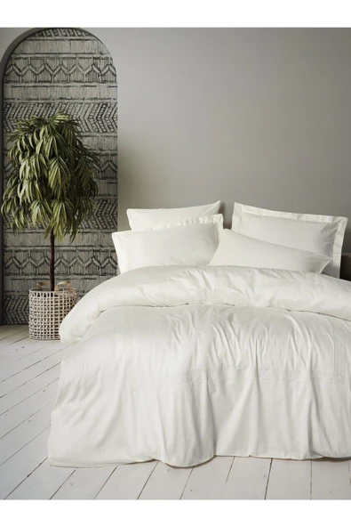 Cottonbox Nakışlı Saten Çift Kişilik Nevresim Takımı Luxe Ekru
