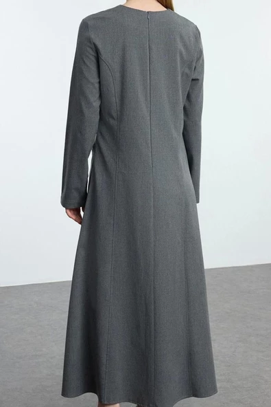 Moda Stil Fitted Bisiklet Yaka Maxi Boy Tesettür Cep Detaylı Dokuma Elbise - Resim 5