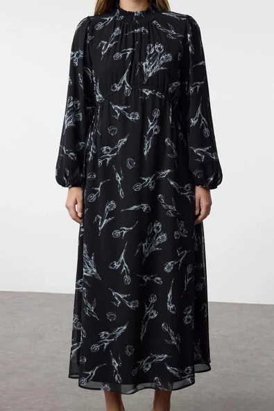 Moda Stil Regular Dik Yaka Maxi Boy Tesettür Şifon Çiçek Desenli Dokuma Elbise - 3