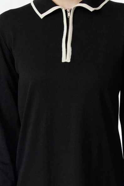 Moda Stil Fitted Polo Yaka Maxi Boy Tesettür Ekru Biyeli Fermuarlı Triko Elbise - 2
