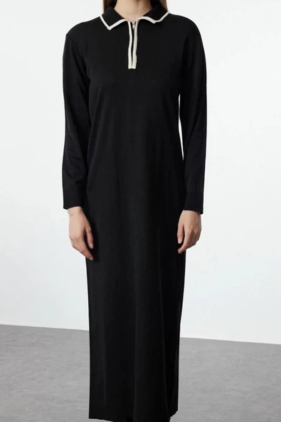 Moda Stil Fitted Polo Yaka Maxi Boy Tesettür Ekru Biyeli Fermuarlı Triko Elbise - 3