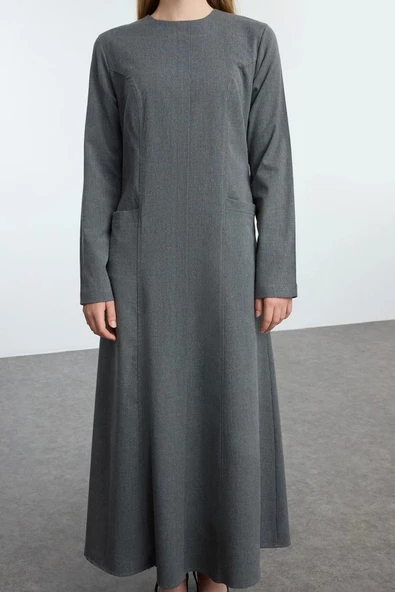 Moda Stil Fitted Bisiklet Yaka Maxi Boy Tesettür Cep Detaylı Dokuma Elbise - Resim 3