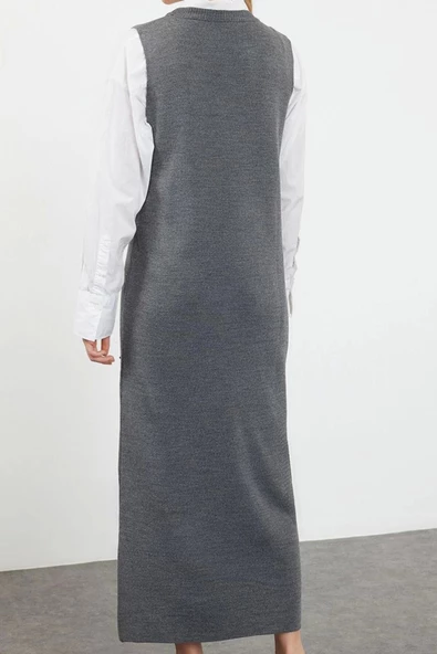 Moda Stil Regular Bisiklet Yaka Uzun Tesettür İncili Triko Elbise - 5