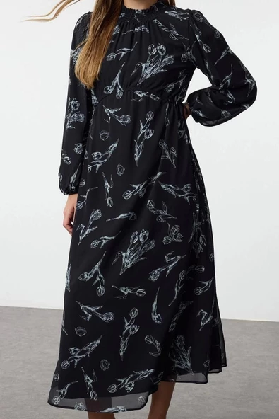 Moda Stil Regular Dik Yaka Maxi Boy Tesettür Şifon Çiçek Desenli Dokuma Elbise