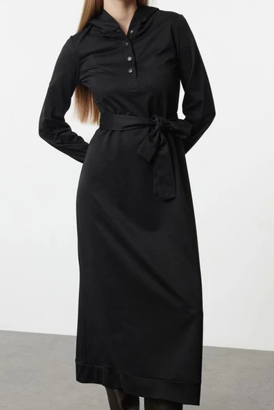 Moda Stil Oversize Kapüşonlu Maxi Boy Tesettür Normal Kalıp Örme Elbise