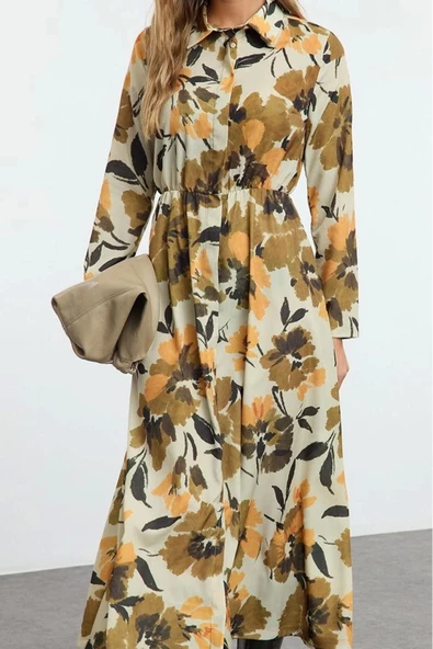 Moda Stil Regular Gömlek Yaka Maxi Boy Tesettür Çiçek Desenli Piliseli Dokuma Elbise