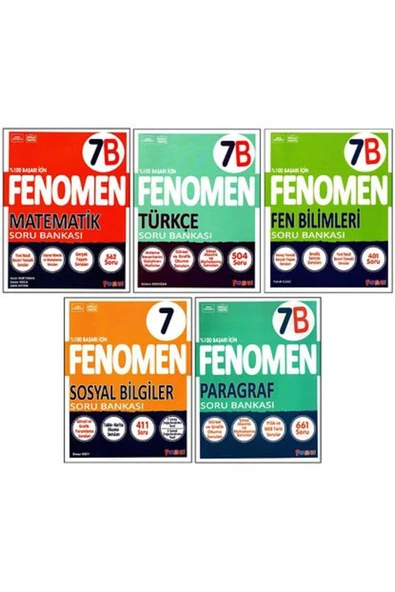 Fenomen 7. Sınıf Matematik(B)+Türkçe(B)+Fen(B)+Sosyal+Paragraf(B) Soru Bankası 5 Kitap