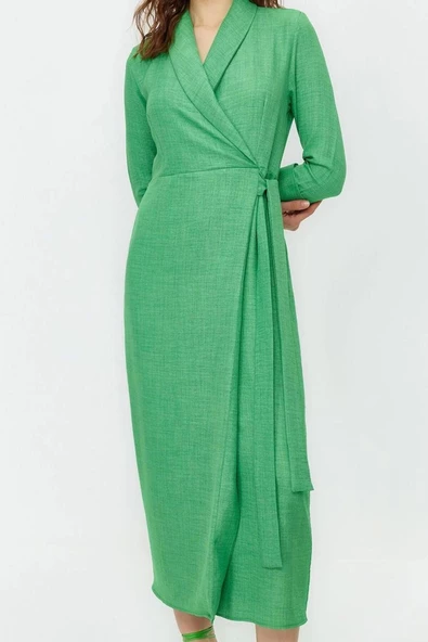 Moda Stil Fitted Kruvaze Maxi Boy Tesettür Keten Görünümlü Dokuma Elbise