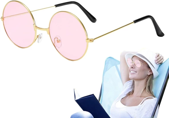 Yuvarlak Cam John Lennon Tarzı Hippi Gold Çerçeveli Pembe Gözlük - 3