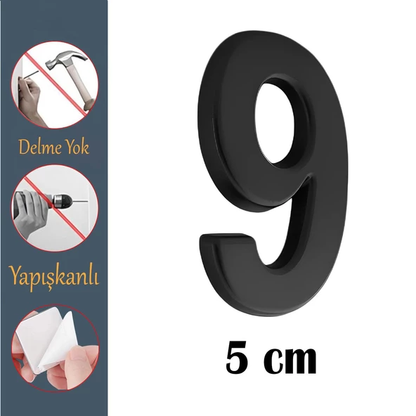 Kapı Numarası Yapışkanlı Küçük Boy 50 mm 5 cm Numara 9 Rakam Dokuz Sayı Siyah Renk Numaralar 1 Adet