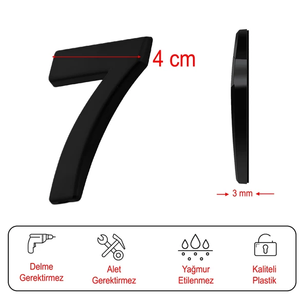 Kapı Numarası Yapışkanlı Küçük Boy 50 mm 5 cm Numara 7 Rakam Yedi Sayı Siyah Renk Numaralar 1 Adet - 3