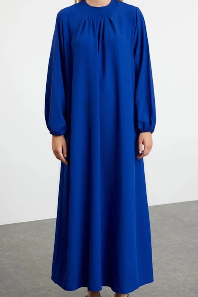 Moda Stil Relaxed Bisiklet Yaka Maxi Boy Tesettür Rahat Kesim Balon Kollu Aerobin Dokuma Elbise - 2