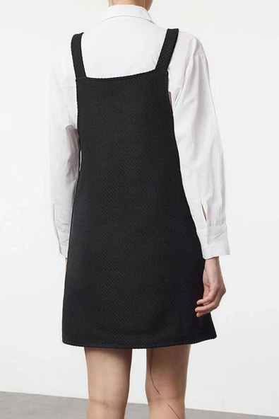 Moda Stil Regular Kare Yaka Mini Boy Balıksırtı Jile Dokuma Elbise - Resim 2