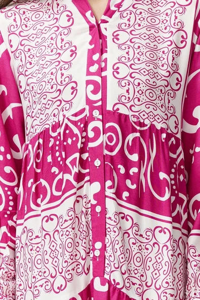 Moda Stil Relaxed V Yaka Maxi Boy Tesettür Şal Desenli Düğme Detaylı Dokuma Elbise - 6