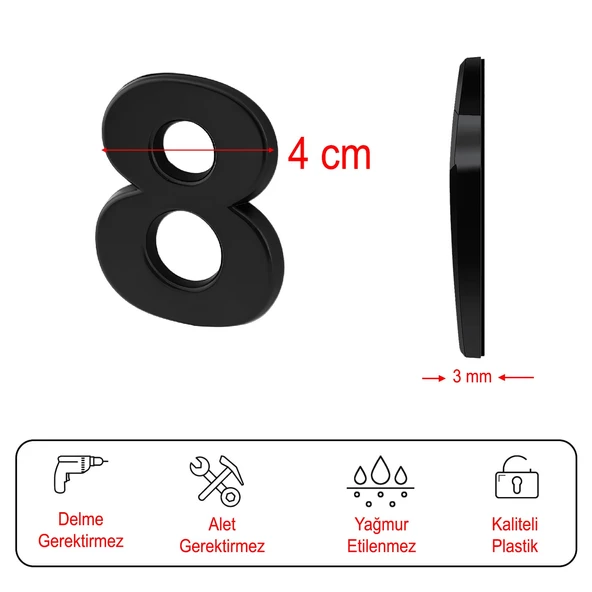 Kapı Numarası Yapışkanlı Küçük Boy 50 mm 5 cm Numara 8 Rakam Sekiz Sayı Siyah Renk Numaralar 1 Adet - 3