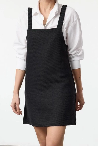 Moda Stil Regular Kare Yaka Mini Boy Balıksırtı Jile Dokuma Elbise - Resim 3