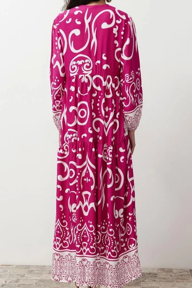 Moda Stil Relaxed V Yaka Maxi Boy Tesettür Şal Desenli Düğme Detaylı Dokuma Elbise - 5