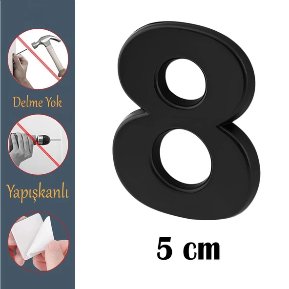 Kapı Numarası Yapışkanlı Küçük Boy 50 mm 5 cm Numara 8 Rakam Sekiz Sayı Siyah Renk Numaralar 1 Adet