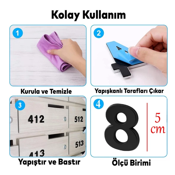 Kapı Numarası Yapışkanlı Küçük Boy 50 mm 5 cm Numara 8 Rakam Sekiz Sayı Siyah Renk Numaralar 1 Adet - 2