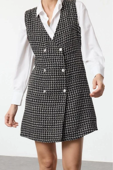 Moda Stil Regular V Yaka Mini Boy Tüvit Kumaş Jile Dokuma Elbise - 3