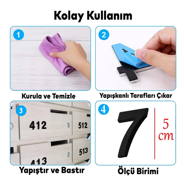 Kapı Numarası Yapışkanlı Küçük Boy 50 mm 5 cm Numara 7 Rakam Yedi Sayı Siyah Renk Numaralar 1 Adet - 2