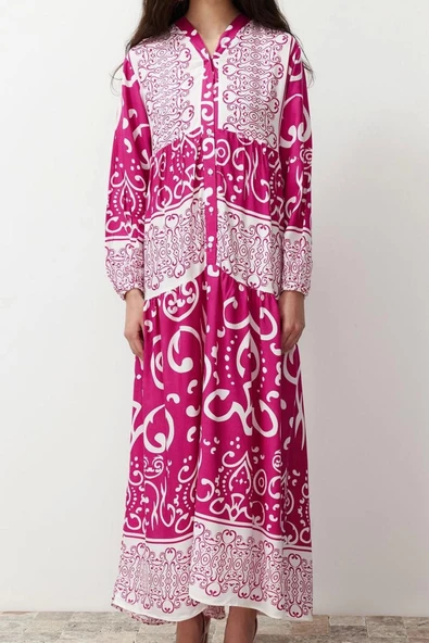 Moda Stil Relaxed V Yaka Maxi Boy Tesettür Şal Desenli Düğme Detaylı Dokuma Elbise - 3