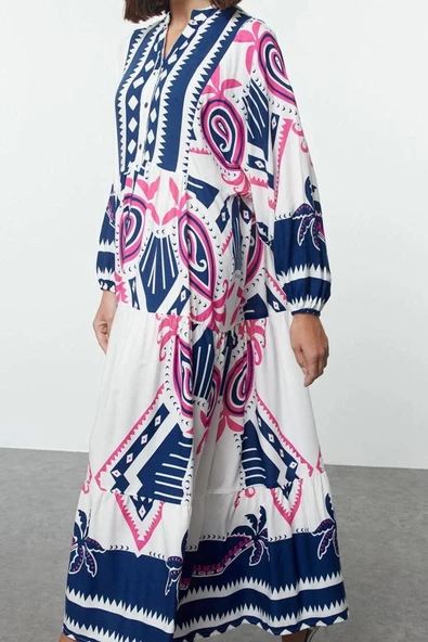 Moda Stil Relaxed Hakim Yaka Uzun Tesettür Viskon Dokuma Desenli Elbise