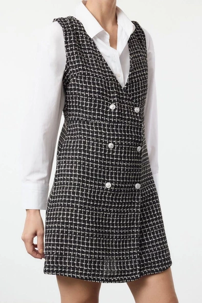 Moda Stil Regular V Yaka Mini Boy Tüvit Kumaş Jile Dokuma Elbise - 1
