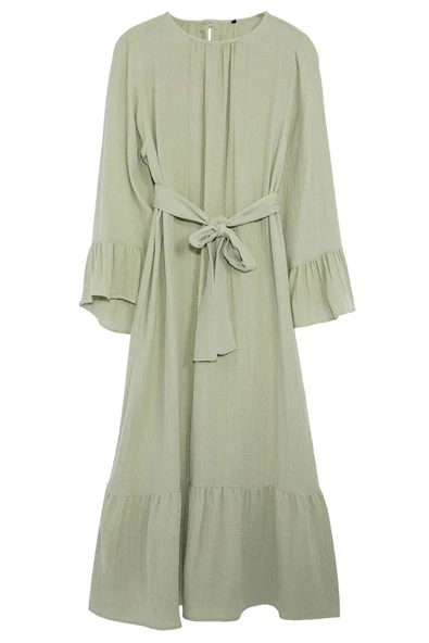 Moda Stil Relaxed Bisiklet Yaka Maxi Boy Tesettür Eteği Fırfırlı Müslin Dokuma Elbise - 3