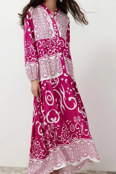 Moda Stil Relaxed V Yaka Maxi Boy Tesettür Şal Desenli Düğme Detaylı Dokuma Elbise - 2