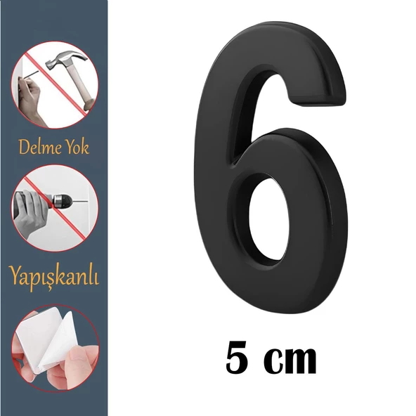 Kapı Numarası Yapışkanlı Küçük Boy 50 mm 5 cm Numara 6 Rakam Altı Sayı Siyah Renk Numaralar 1 Adet