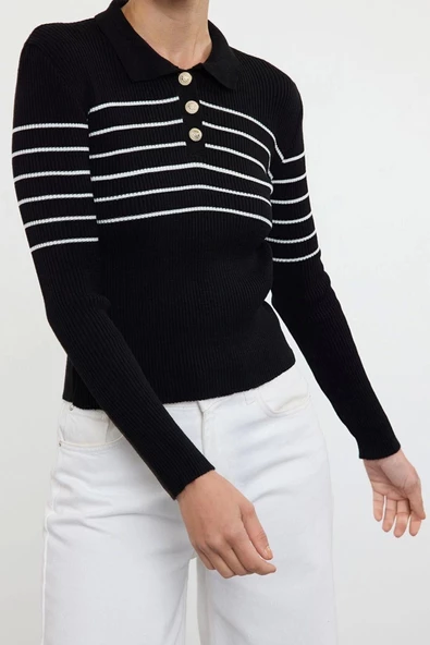 Stil Modern Kadın Regular Standart Kol Polo Yaka Çizgili Basic Triko Kazak - 1