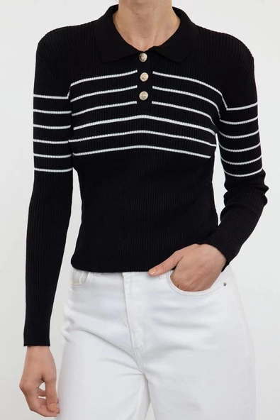 Stil Modern Kadın Regular Standart Kol Polo Yaka Çizgili Basic Triko Kazak - 3