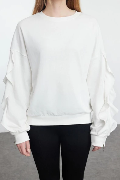 Tarz Relaxed Bisiklet Yaka Düşük Kol Uzun Kolları Fırfır Detaylı Rahat Kalıp Örme Sweatshirt - 5